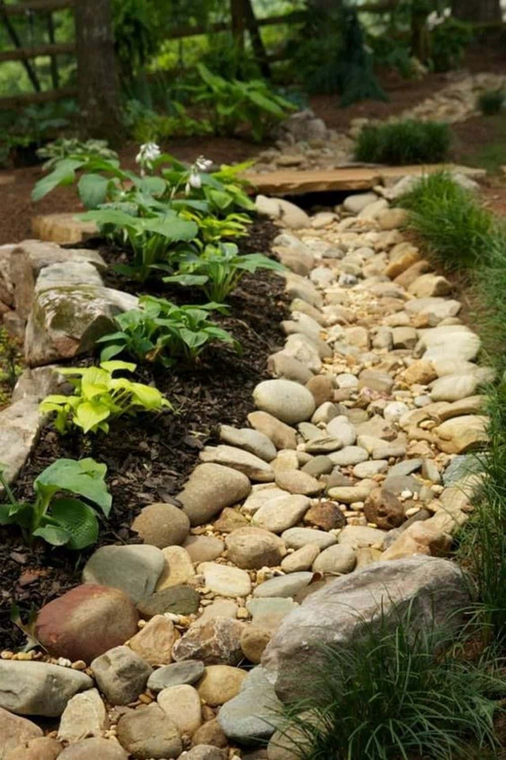 A small stream in a garden with rocks and plants.
