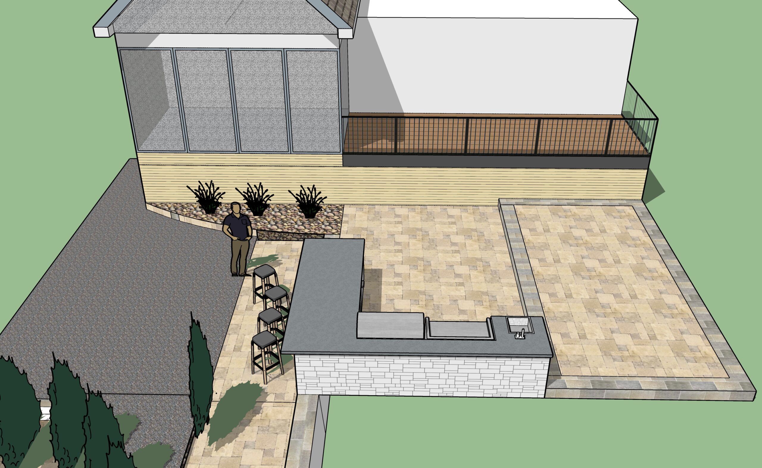 A 3d rendering of a house with a patio area.