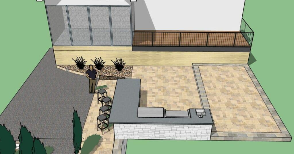 A 3d rendering of a backyard with a patio by landscaping company