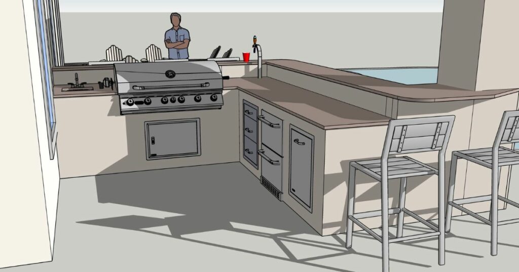 A rendering of an outdoor kitchen with a grill and bar stools.