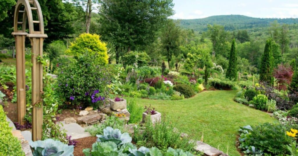 A lush garden with a variety of plants and a wooden arbor, overlooking a scenic hilly landscape.