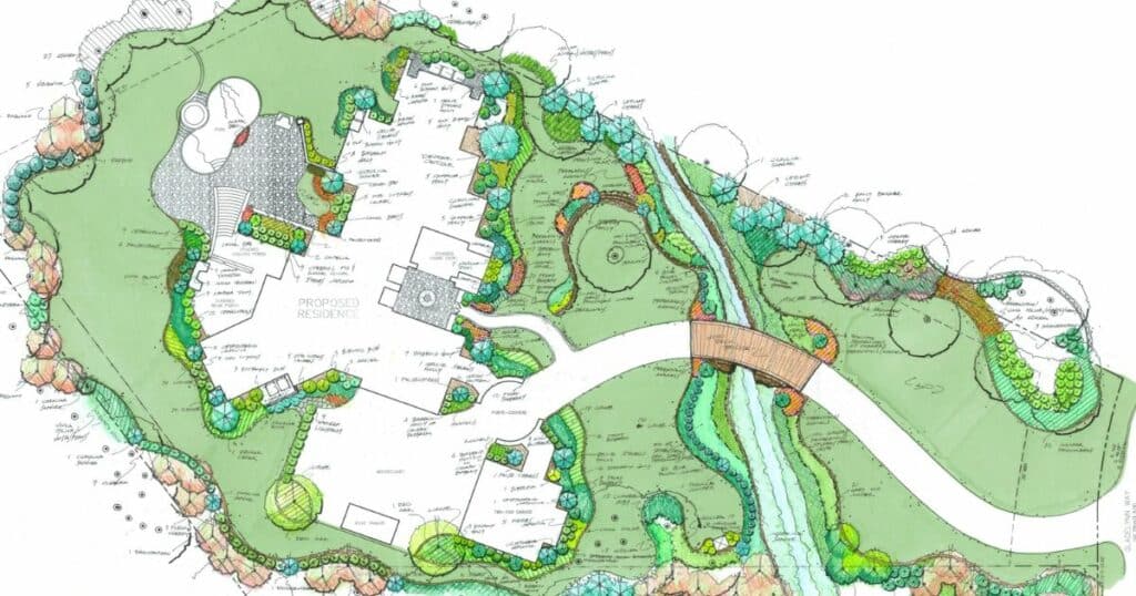 Detailed landscape design plan for a proposed residence with annotations and a variety of plantings.