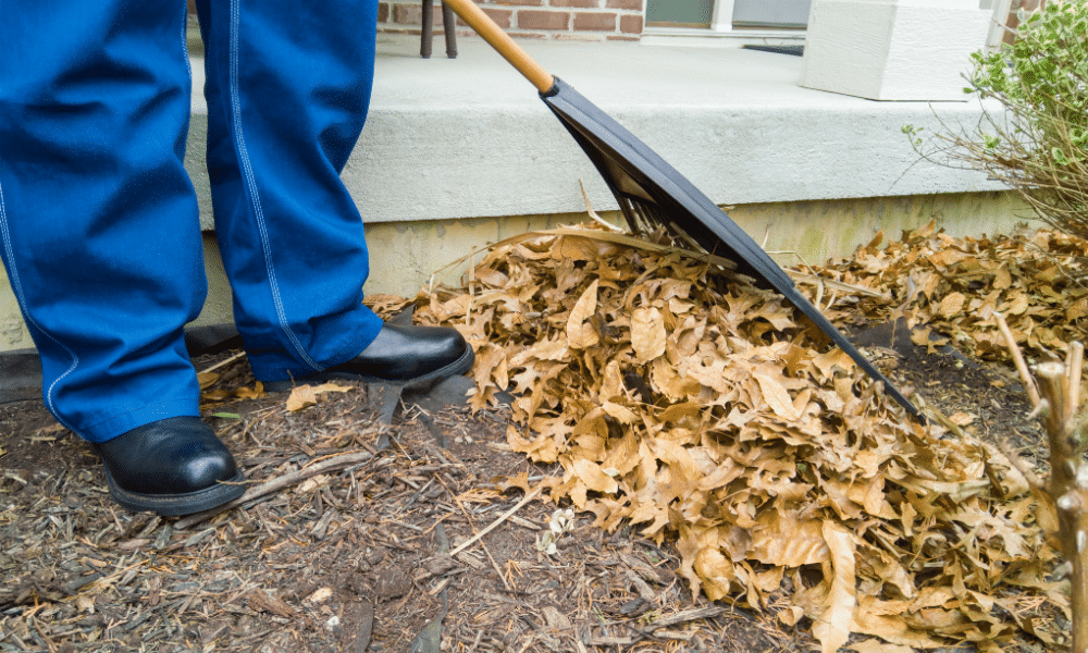 Person wearing jeans and black boots raking a pile of dry leaves near a porch.