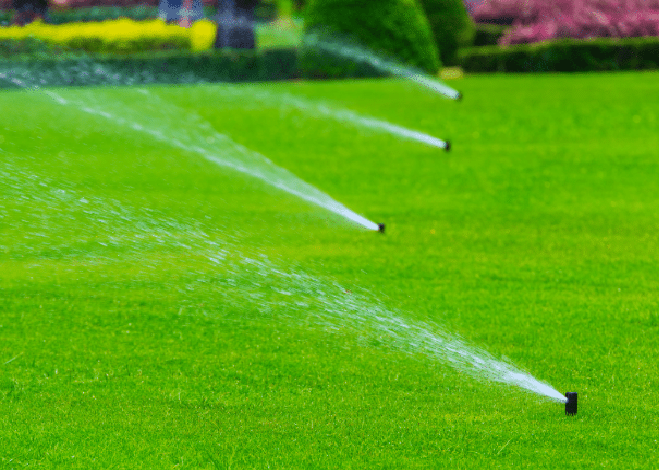 Lawn sprinklers spraying water across a lush green grass field.