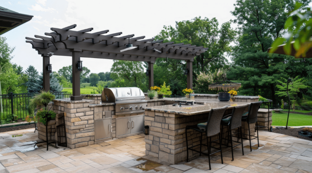 Outdoor kitchen with a pergola, stone countertops, stainless steel grill, and bar stools on a tiled patio, surrounded by greenery and trees.