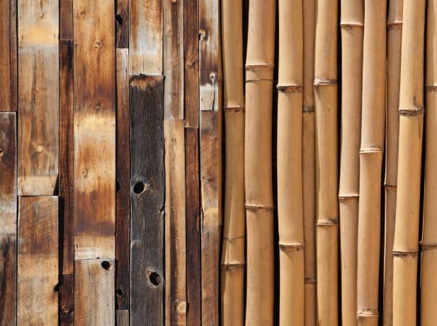 Side-by-side comparison of a wooden plank surface with varying shades and textures and a vertical bamboo arrangement.