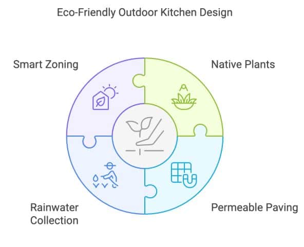 Diagram of eco-friendly outdoor kitchen design with four sections: Smart Zoning, Native Plants, Rainwater Collection, and Permeable Paving, each with corresponding icons.