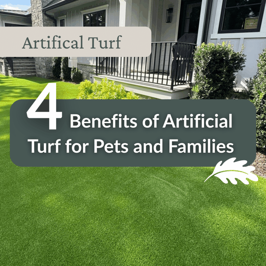 A well-manicured artificial turf lawn in front of a modern house with text promoting benefits of artificial turf for pets and families.