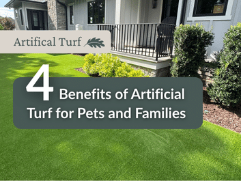 A well-manicured lawn with artificial turf in front of a house, featuring text about benefits of artificial turf for pets and families.