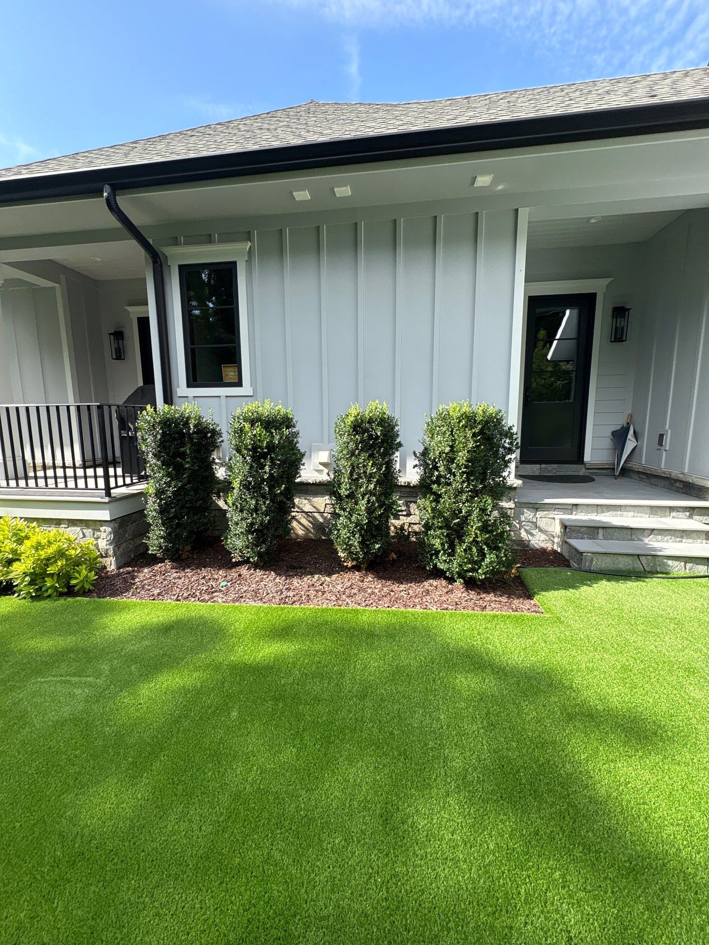 A row of four shrubs is planted in mulch in front of a light gray house with artificial grass and a small porch with steps and a railing.