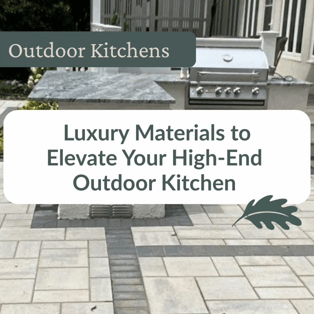 Outdoor kitchen with a built-in grill, stone countertop, and tiled patio, featuring text about luxury materials for high-end outdoor kitchens.