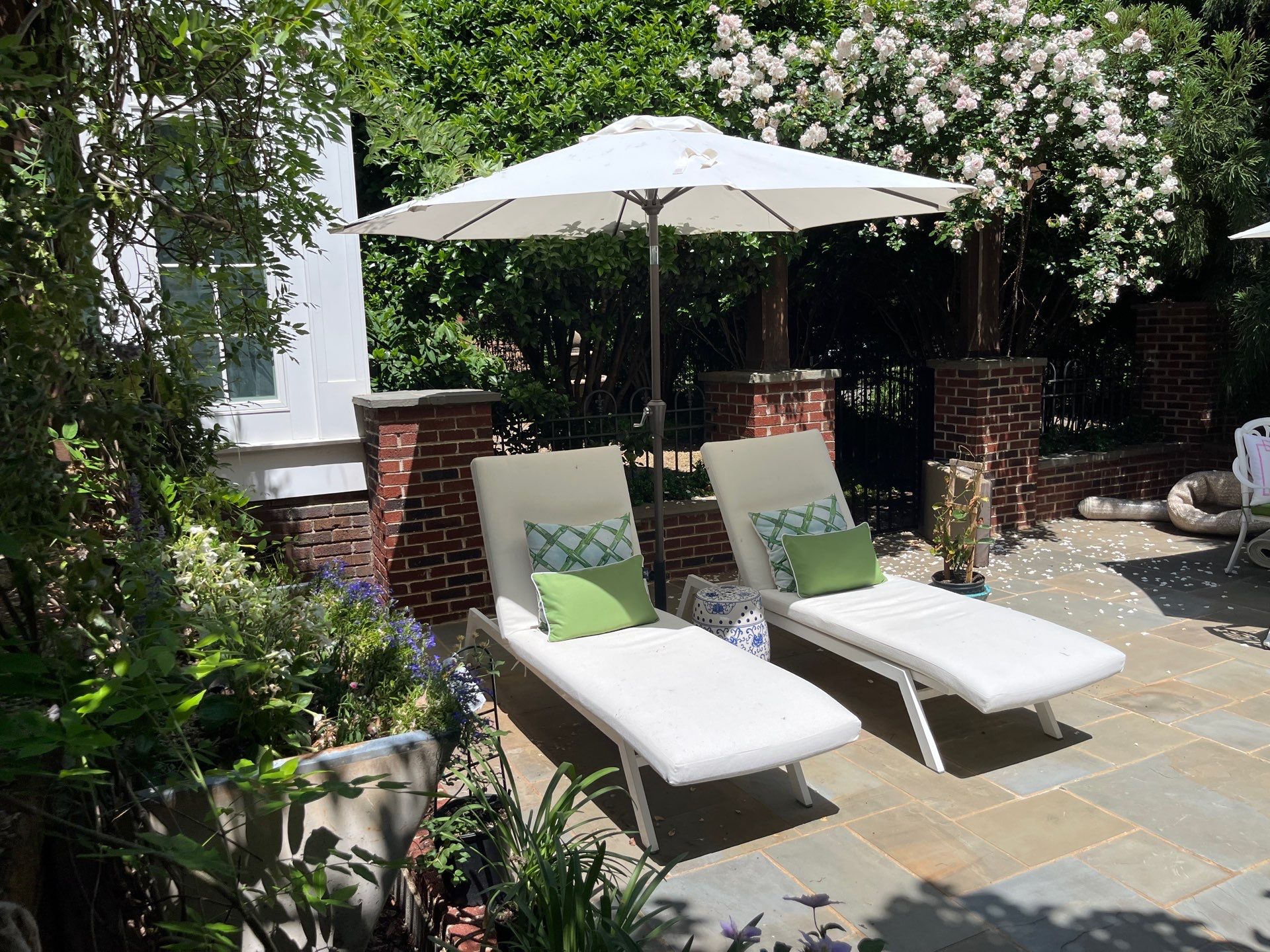 Two white lounge chairs with green and blue pillows sit under a white patio umbrella on a stone patio, surrounded by lush greenery and blooming bushes.