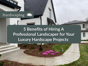 Front yard of a modern house with a curved concrete walkway, flower beds, and text overlay about hiring a professional landscaper for luxury hardscape projects.