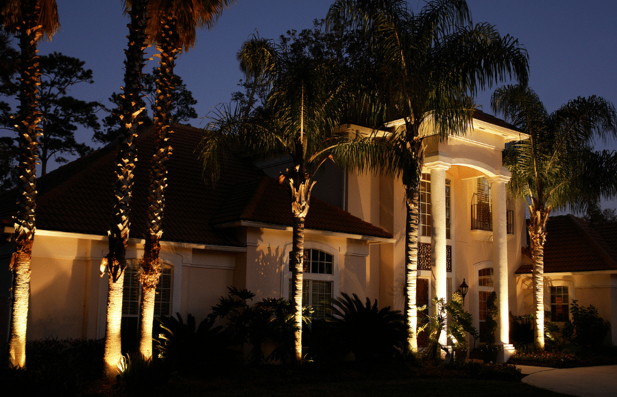 Large house with tall windows and palm trees, illuminated by exterior lights at dusk.