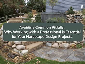 Stone hardscape with steps, retaining wall, and greenery in a backyard, overlaid with text about the importance of hiring professionals for hardscape design projects.