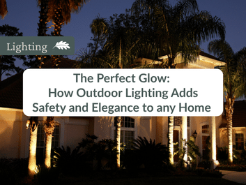 A well-lit house exterior at night with palm trees and landscape lighting, and a text overlay about how outdoor lighting adds safety and elegance to a home.