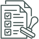 Icon of two documents with checklists and a rubber stamp overlapping them, representing approval or verification of completed tasks.