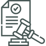 Icon of a legal document with a checkmark and a judge's gavel in front, representing law, legal approval, or a court decision.