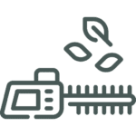 Icon of a hedge trimmer with three leaves above it, representing gardening or hedge trimming.