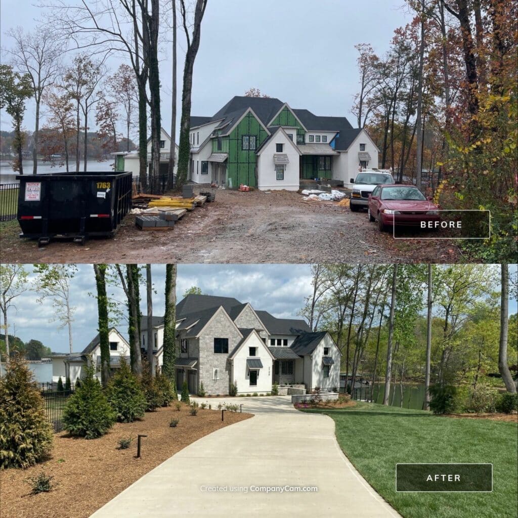 Comparison of a house under construction with a dirt yard and debris (top) and the same house after landscaping with a paved driveway and finished lawn (bottom).