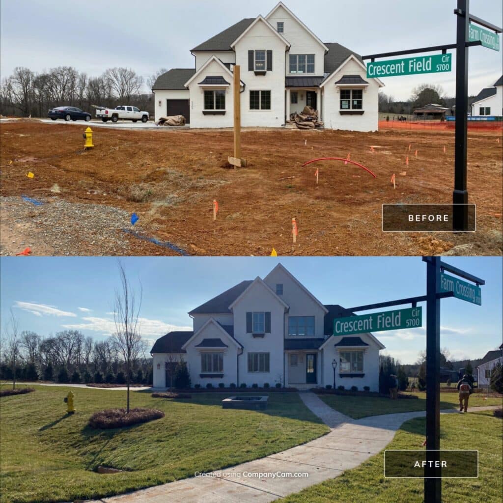 Before and after images show a house on a dirt lot transformed with sod, landscaping, and a completed lawn at the intersection of Crescent Field Ct and Farm Crossing.