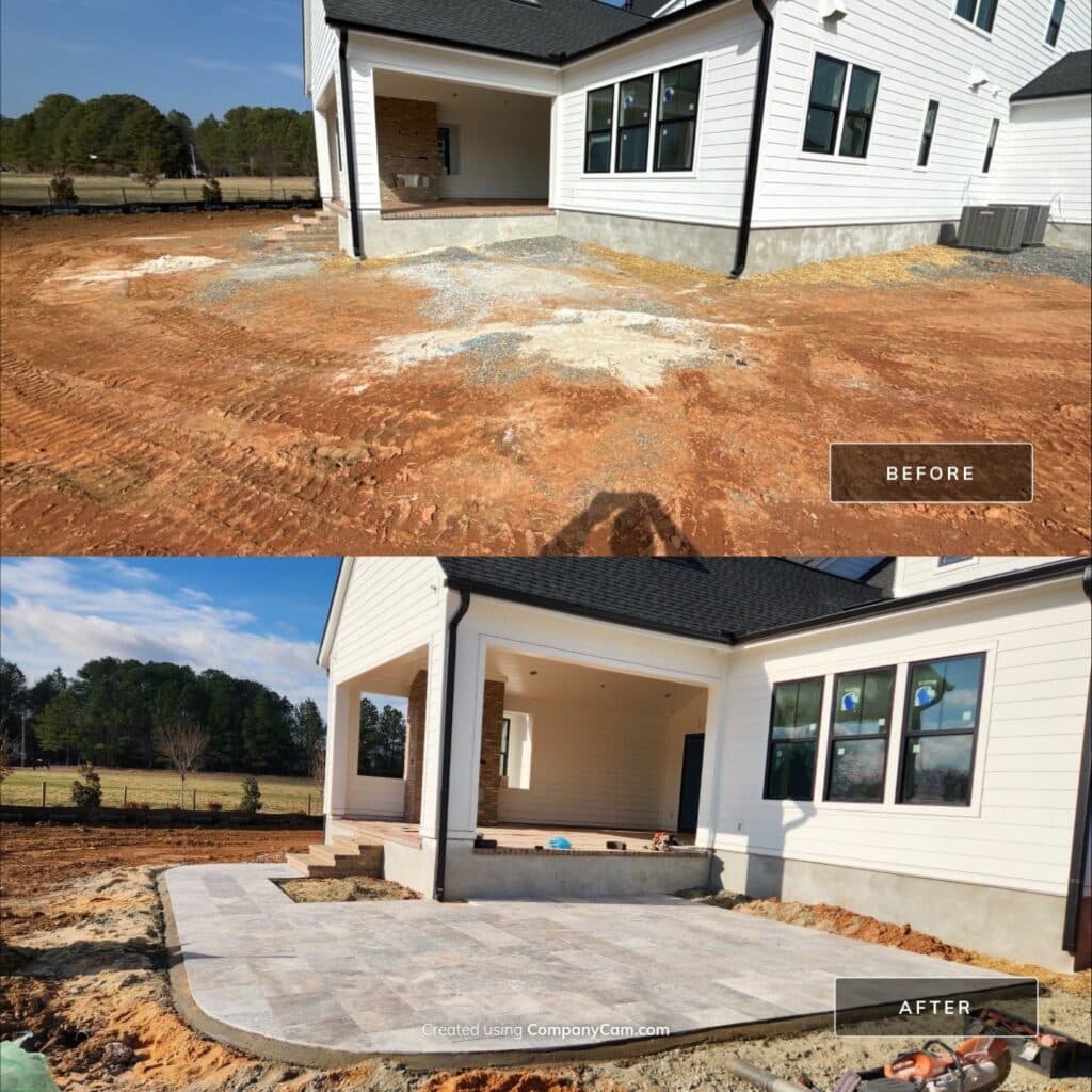 Side-by-side comparison showing a bare dirt yard before patio installation and a finished stone patio after construction at a modern white house.