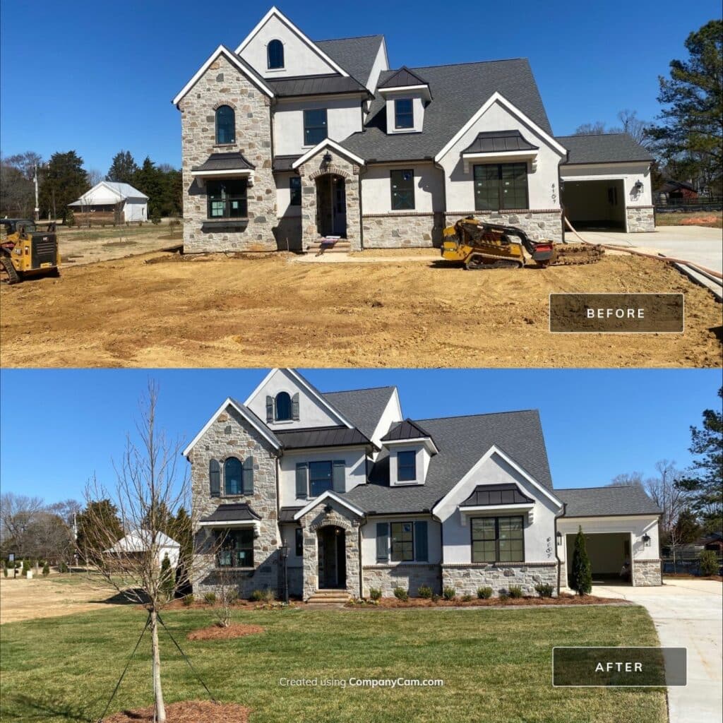 Side-by-side before and after images of a house; the first shows bare dirt landscaping, and the second shows new grass, mulched beds, and a young tree in front yard.