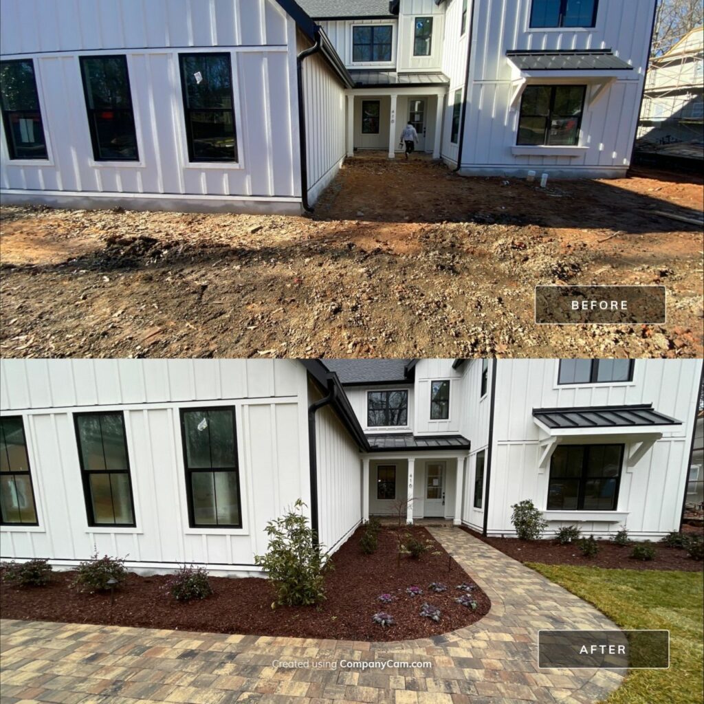 Side-by-side comparison of a house exterior before and after landscaping; the "before" shows bare dirt, while the "after" features mulch, plants, and a paved walkway.