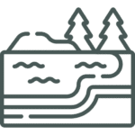 Line drawing of a landscape featuring a river, two pine trees, and layered soil or rock underneath the surface.