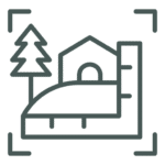 Line drawing icon of a house with a curved path, a tree, and frame corners, representing a landscape or real estate image.