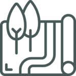 Line drawing of a landscape plan featuring two trees, a winding path, and a rolled-up blueprint or map in the corner.