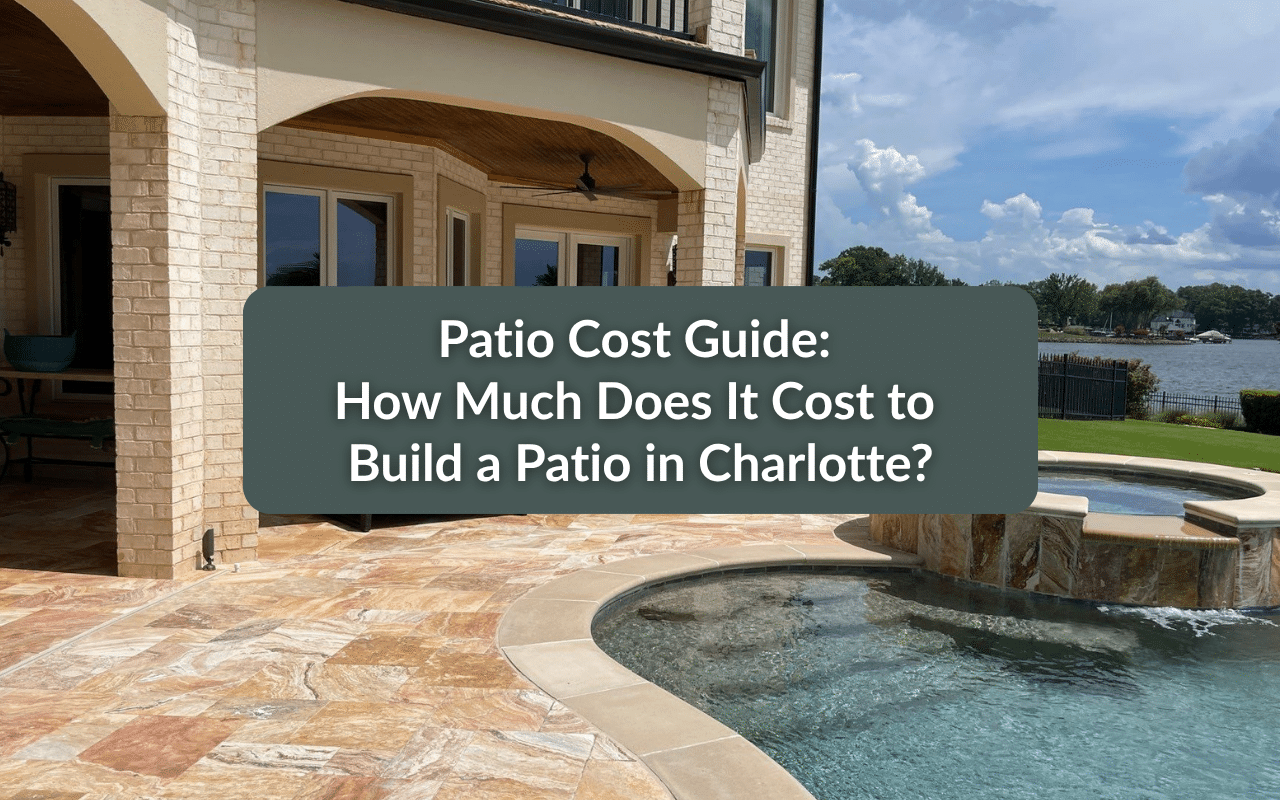 Patio with stone flooring, pool, and hot tub next to a brick house, with a text overlay about patio building costs in Charlotte.